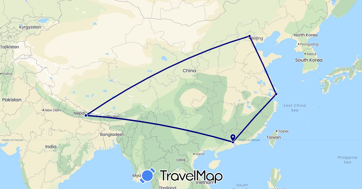 TravelMap itinerary: driving in China, Nepal (Asia)